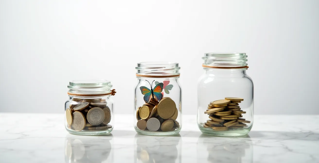 Visuelle Darstellung der 50-30-20-Regel mit drei symbolischen Geldgläsern für Fixkosten, Wünsche und Sparen.