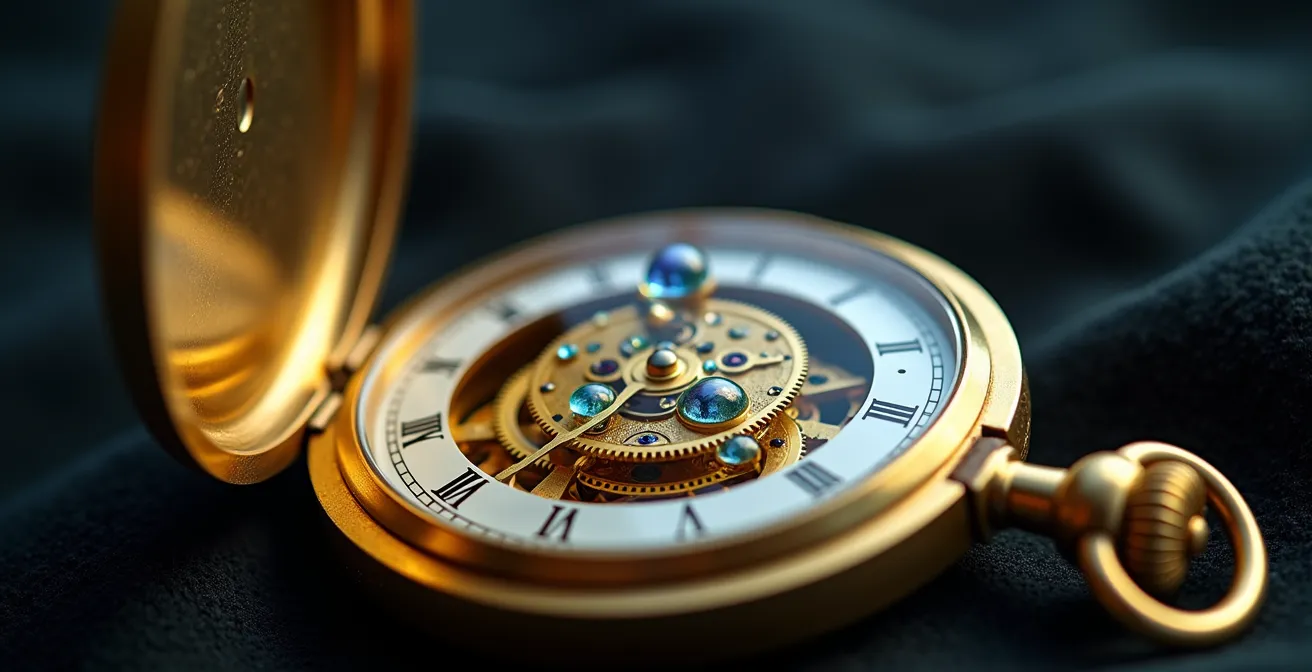 Die 72er-Regel als visuelle Zeitachse dargestellt, mit einem stilisierten Uhrwerk, das exponentielles Wachstum symbolisiert.