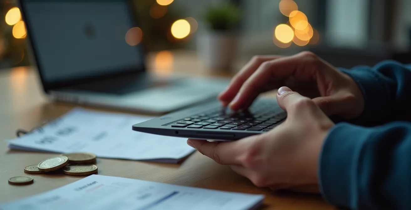 Nahaufnahme von Händen, die einen geschlossenen Laptop halten, im Hintergrund ein unscharfer Kalender, der auf den Dezember hindeutet, was die Steuerplanung zum Jahresende symbolisiert.