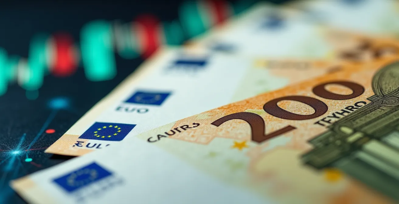 Makroaufnahme von Euroscheinen und verschwommenen Aktiencharts im Hintergrund