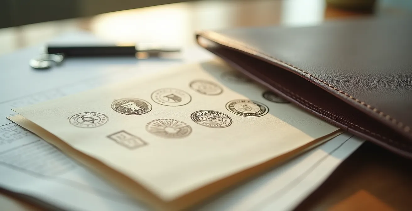 Detailaufnahme von Geschäftsdokumenten mit Stempel und Aktenordner, die die Wichtigkeit der Dokumentation für den IAB symbolisieren.