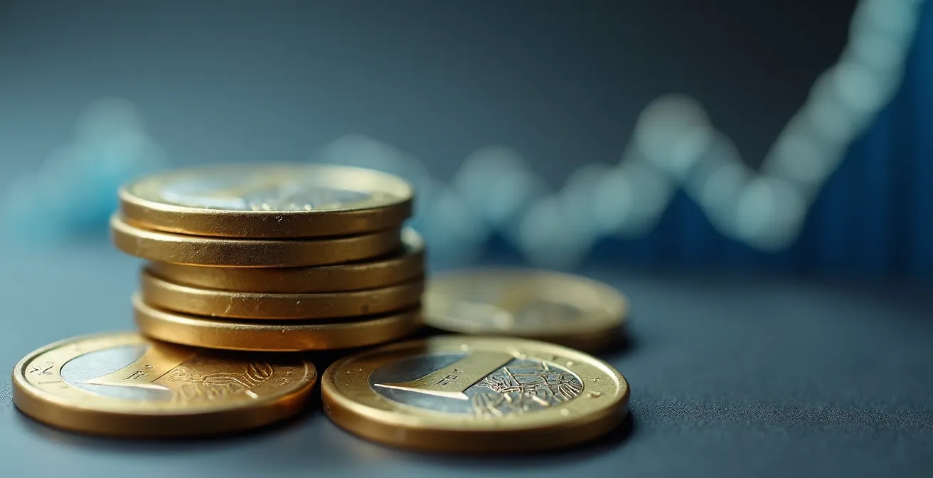 Makroaufnahme von gestapelten Euromünzen mit unscharfem Börsendiagramm