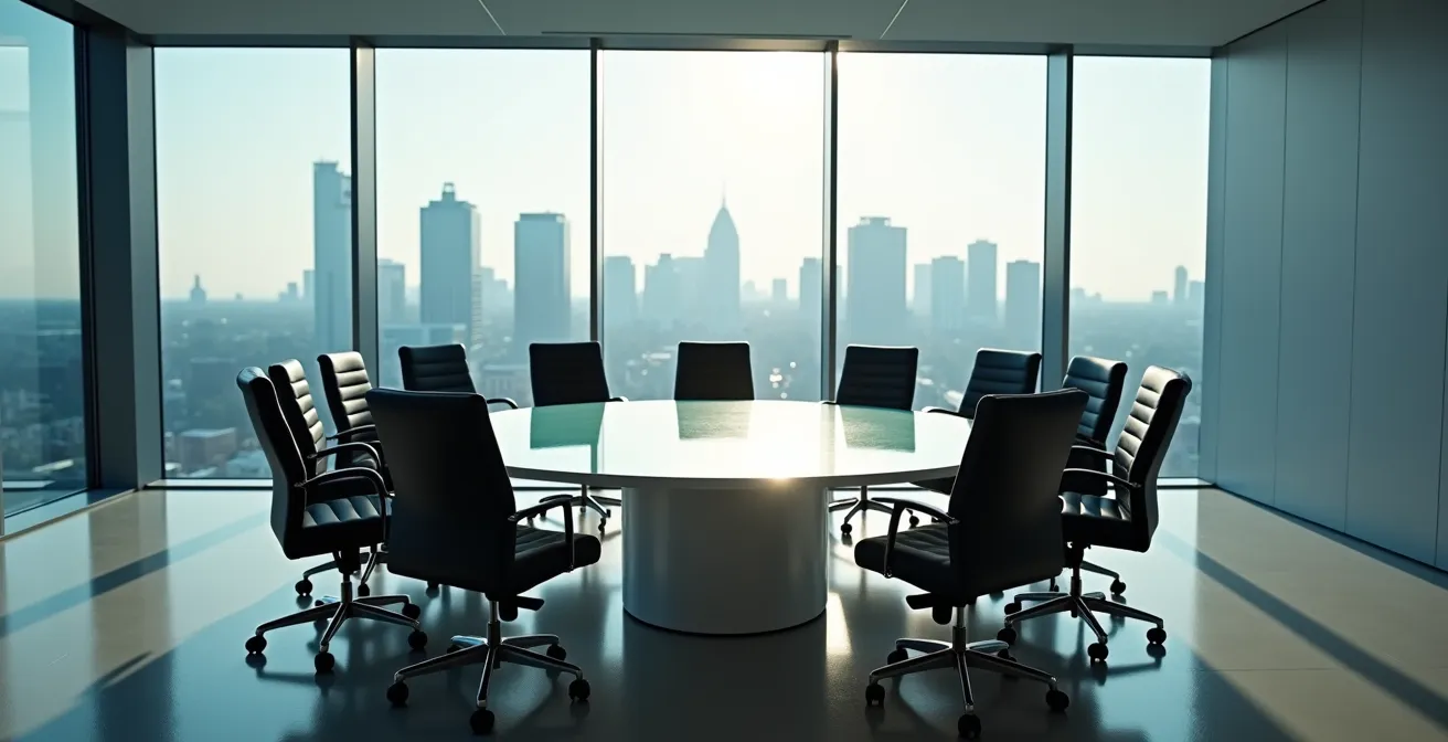 Visualisierung des Closet Indexing Problems bei aktiven Fonds, dargestellt durch leere, identische Anzüge an einem Konferenztisch.