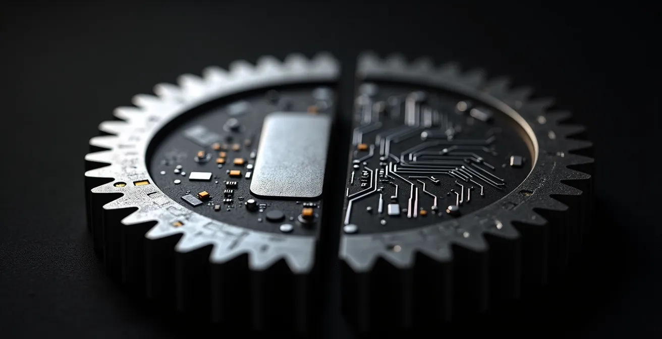 Makroaufnahme von traditionellem Zahnrad als Symbol für die alte deutsche Industrie neben einem modernen Mikrochip als Symbol für die Tech-Wirtschaft.