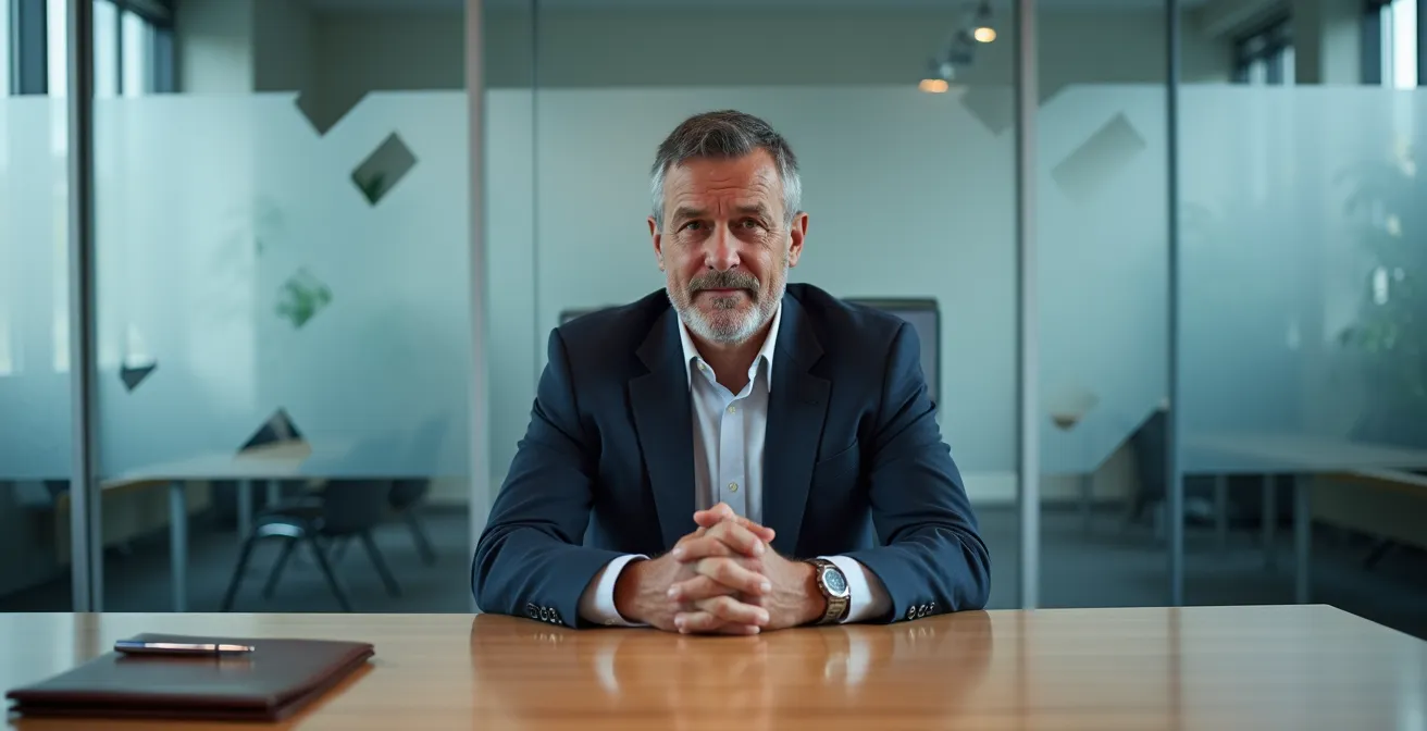 Geschäftsführer trägt symbolisch Verantwortung mit Schutzschild