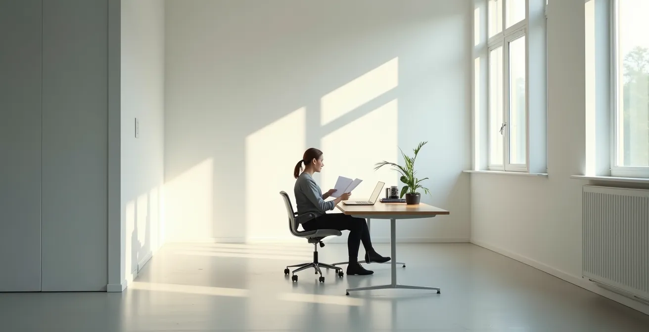 Weitwinkelaufnahme eines modernen Büros mit Person am Schreibtisch