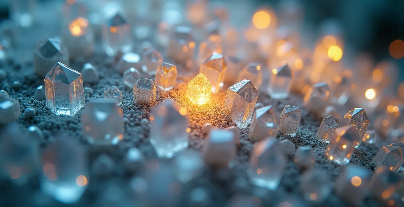 Rationale Entscheidungsmatrix für Fondsumschichtung, dargestellt durch kristalline Strukturen.