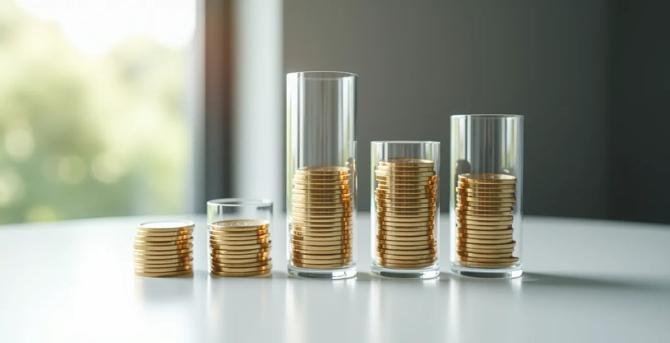 Abstrakte Darstellung von ETF-Größenverhältnissen mit Münzstapeln