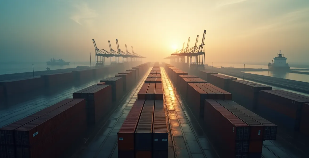 Weitwinkelaufnahme eines fast leeren Containerhafens bei Sonnenaufgang, Symbol für gestörte Lieferketten und Exportrisiken.