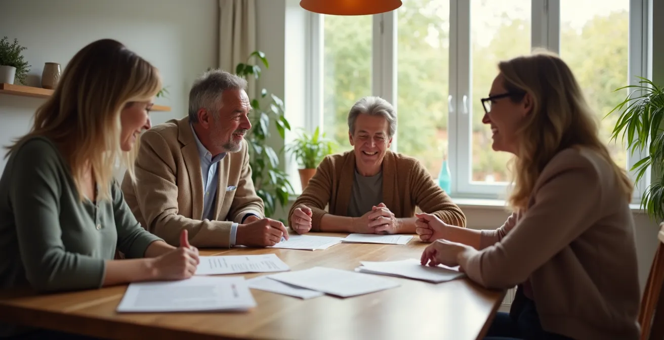 Familie unterzeichnet gemeinsam Darlehensvertrag am Esstisch