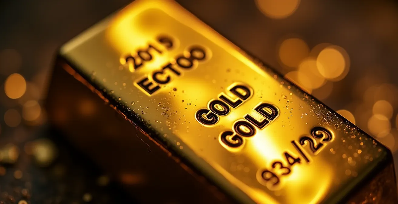 Makroaufnahme eines Goldbarrens, auf dessen polierter Oberfläche sich abstrakte Finanzcharts spiegeln, die die Verbindung von materiellem Wert und Marktkräften symbolisieren.