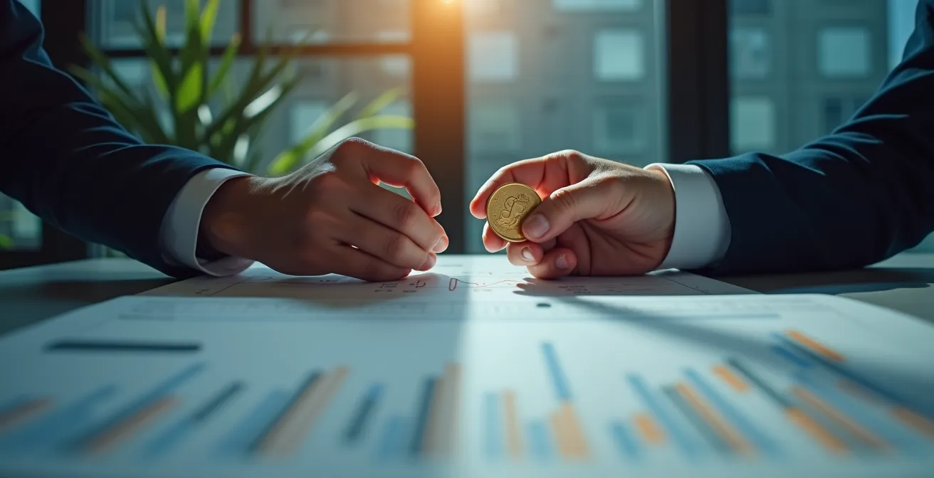 Geschäftsmann analysiert Steuerdiagramme und Entscheidungsoptionen