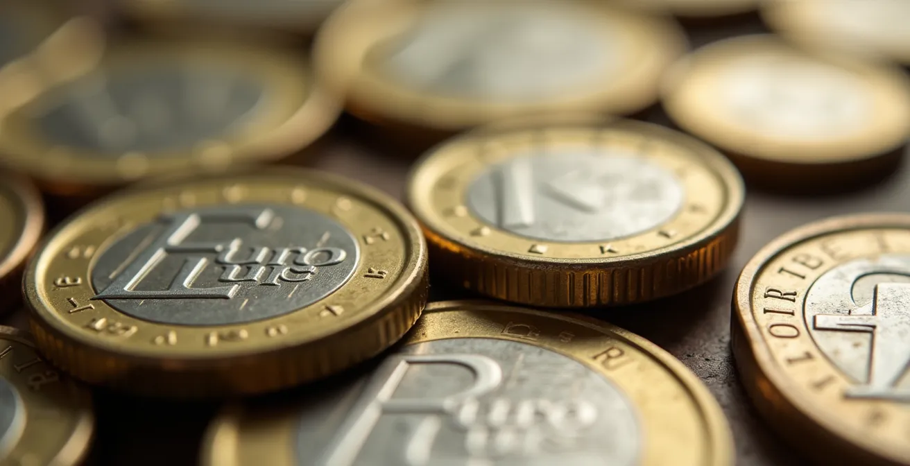 Makroaufnahme von Euro-Münzen mit schwindender Perspektive