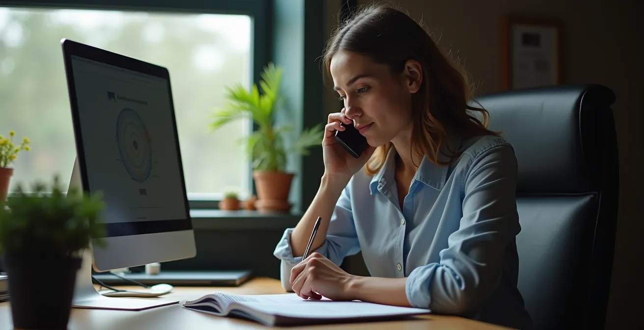 Ein Unternehmer im Krisenmanagement, der konzentriert telefoniert, um Gläubiger zu priorisieren.