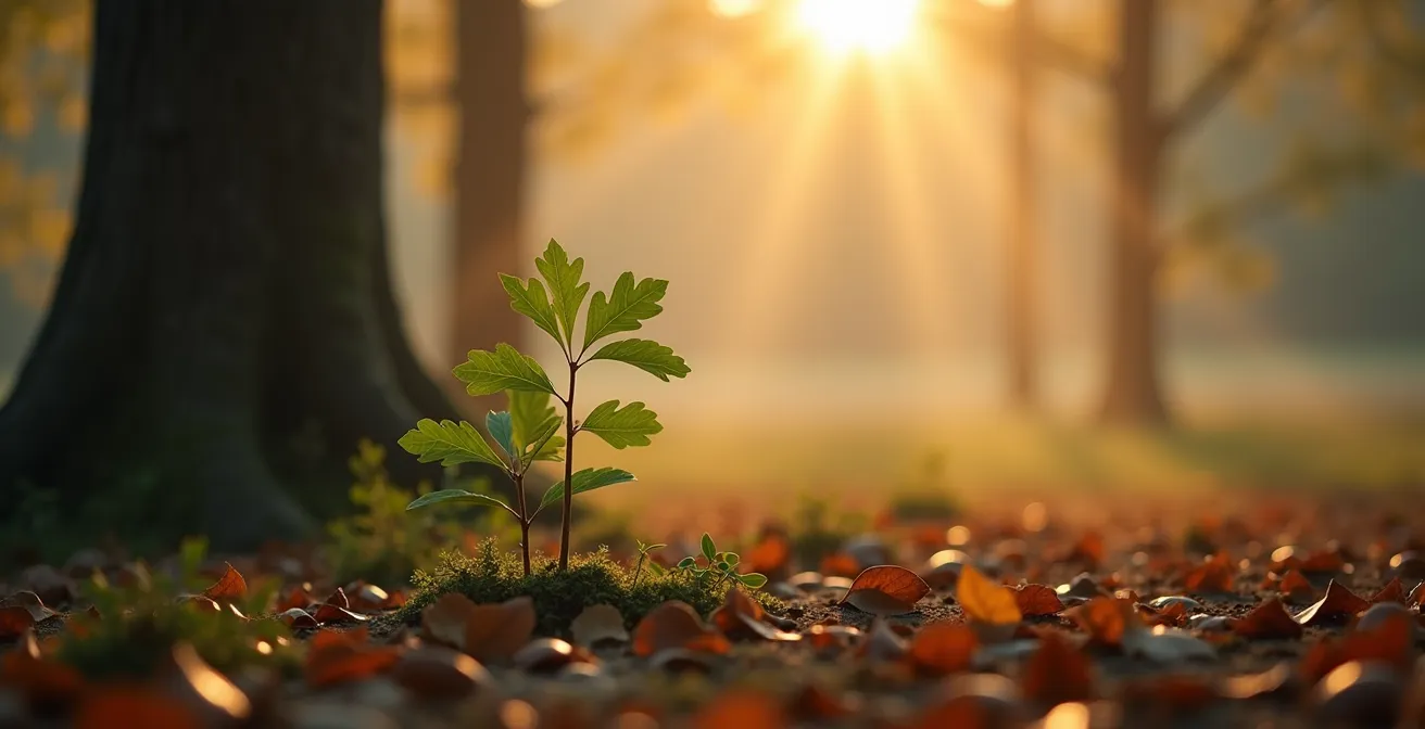 Eiche wächst vom Setzling zum starken Baum als Metapher für Vermögensaufbau