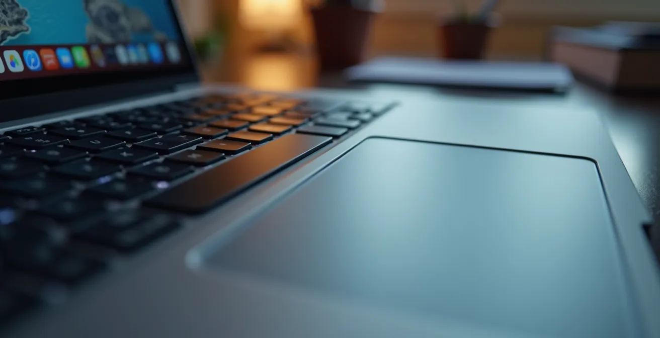 Nahaufnahme eines Laptops auf Holzschreibtisch mit verschwommenen Büromaterialien im Hintergrund