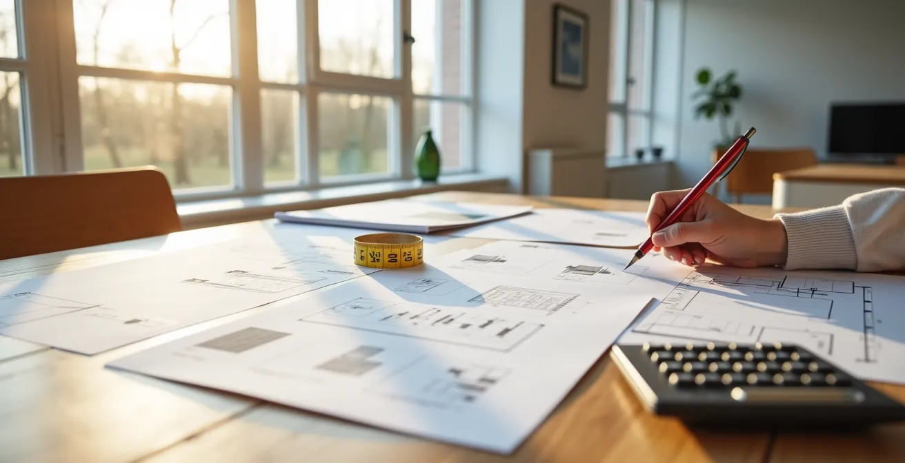 Hausbesitzer bereitet Dokumente für Modernisierungskredit vor mit Handwerker-Kostenvoranschlägen