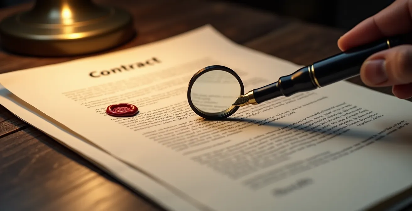 Detailaufnahme eines Notarvertrags mit Markierungen wichtiger Klauseln