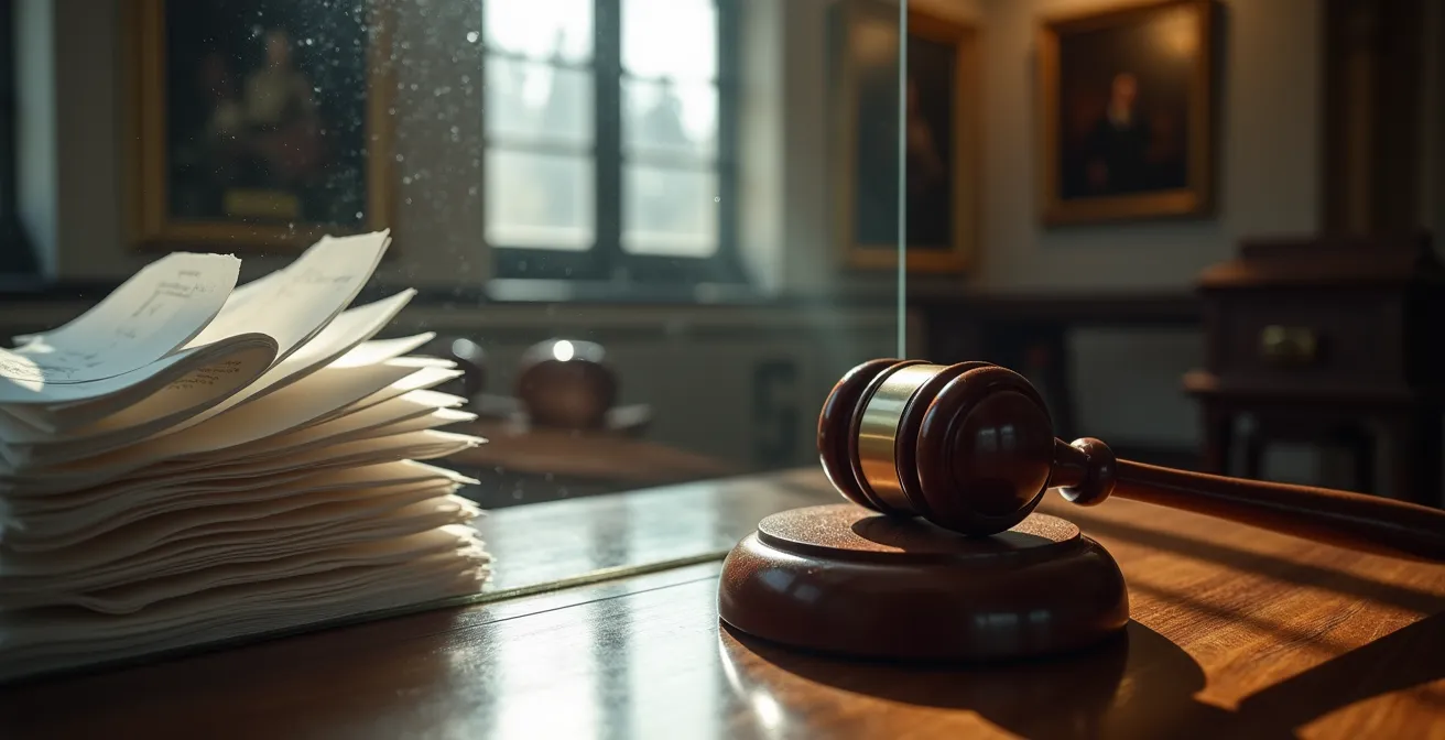 Symbolische Darstellung der Rechtsschutzversicherung mit Gerichtssaal und Dokumenten