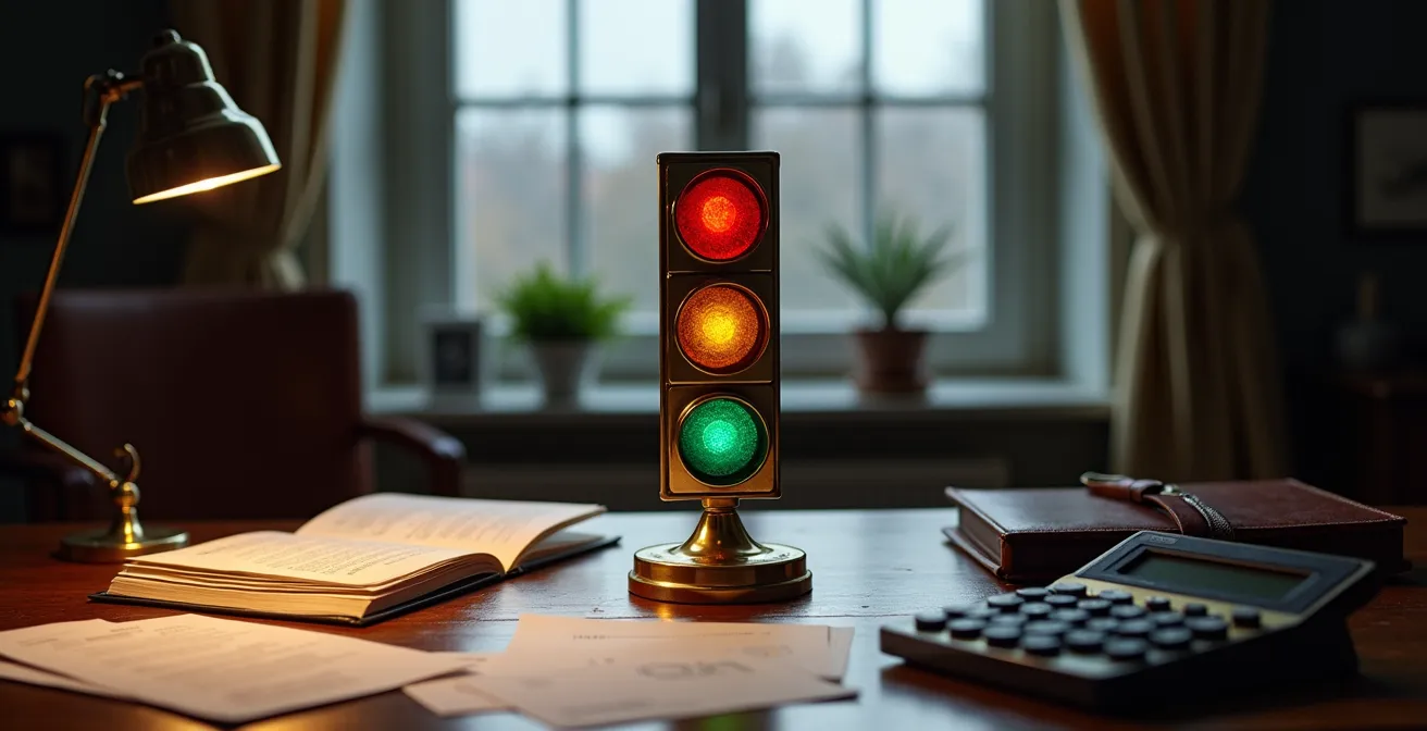 Ampelsystem mit drei Lichtern auf einem Schreibtisch, das Konjunkturindikatoren zur strategischen Depotumschichtung symbolisiert.