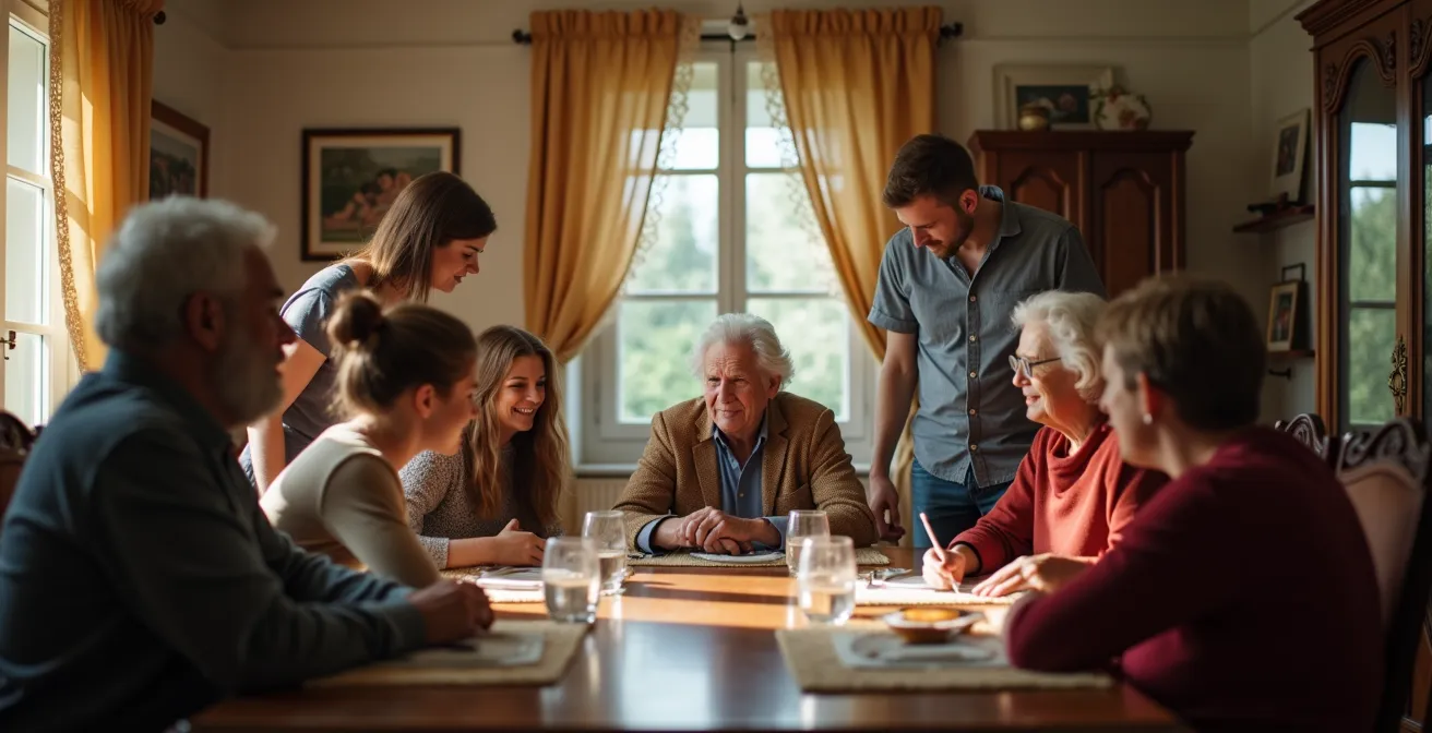 Visuelle Darstellung der unterschiedlichen Steuerlast je nach Verwandtschaftsgrad in einer Familienszene.