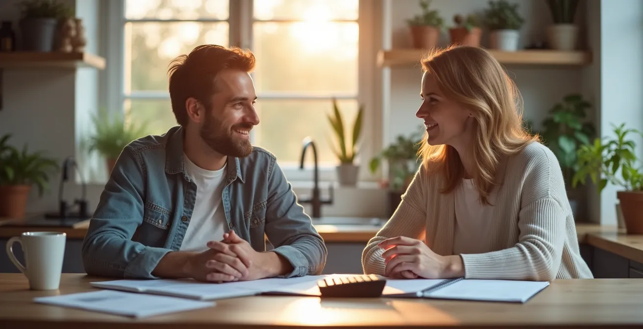 Ein Paar diskutiert am Küchentisch über den Wechsel der Steuerklassen zur Optimierung ihrer Finanzen.