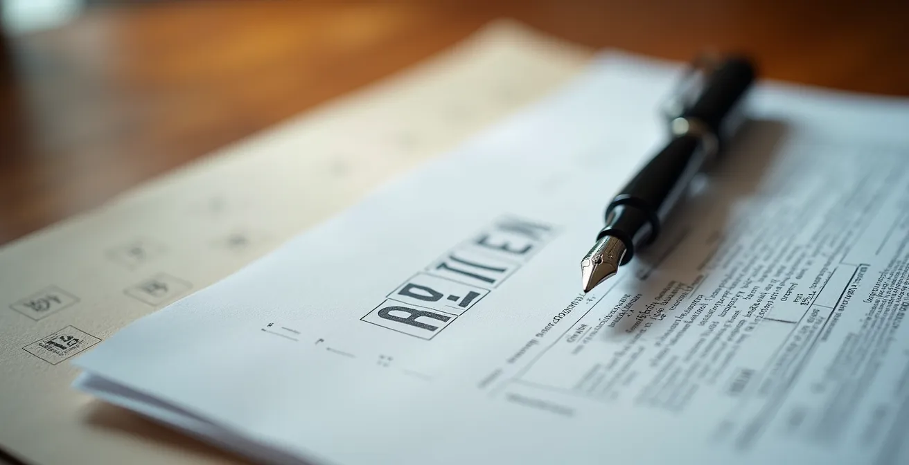 Makroaufnahme von Vertragsseiten mit Fokus auf wichtige Klauseln ohne lesbaren Text