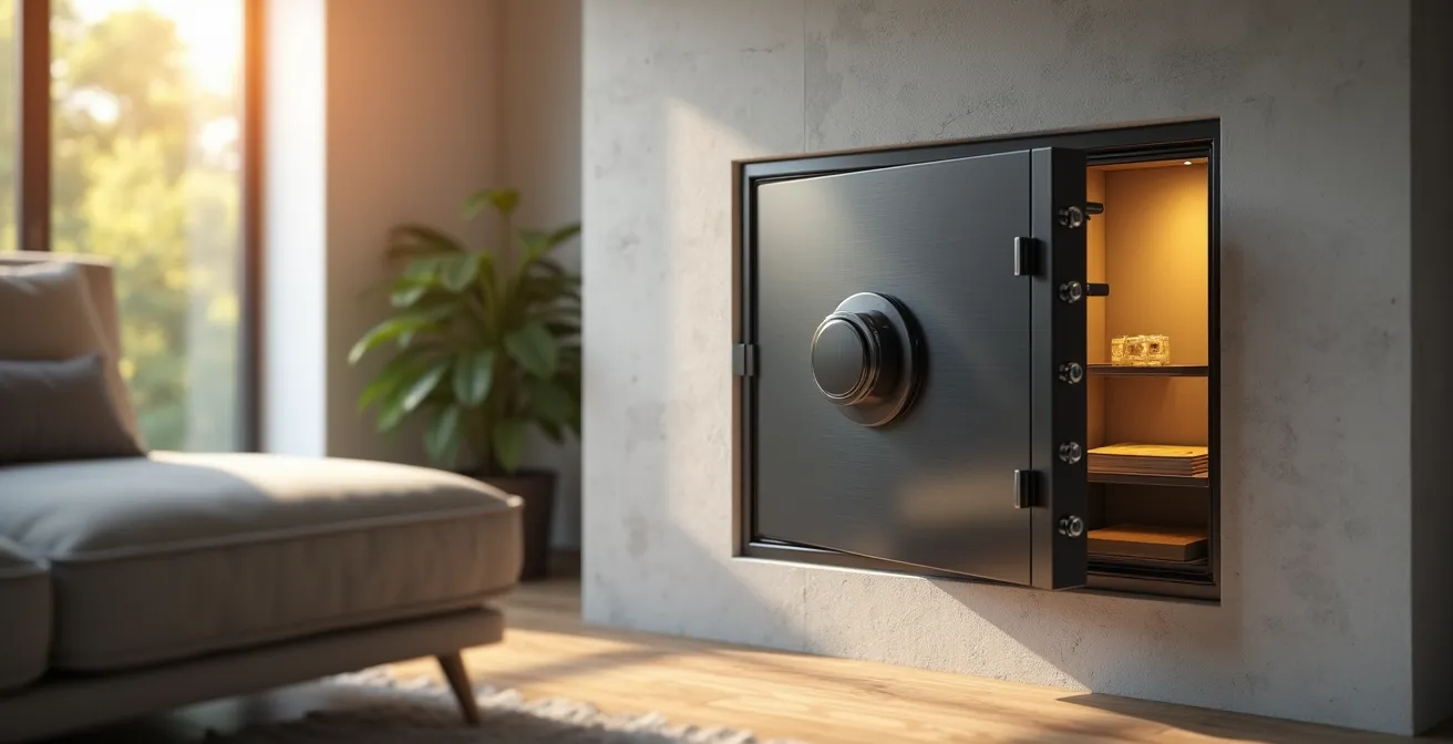 Professioneller Heimtresor mit VDS-Zertifizierung in einer modernen Wohnumgebung, der Sicherheit und Integration symbolisiert.