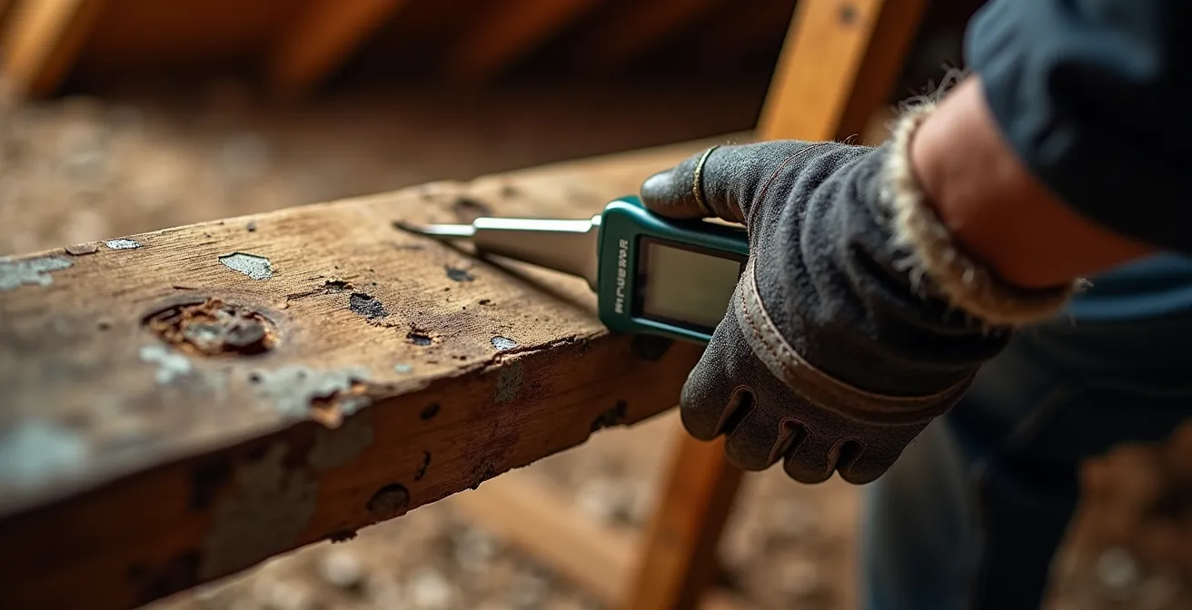 Detailaufnahme versteckter Baumängel wie Feuchtigkeit an einem Holzbalken in einer geerbten Immobilie.