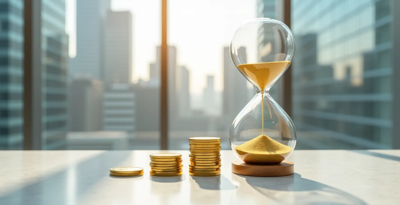 Sand rinnt durch Sanduhr neben wachsendem Münzstapel