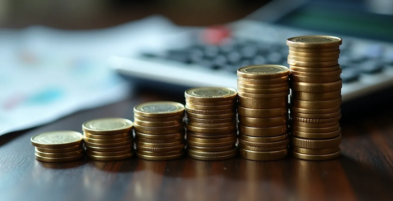 Makroaufnahme von Münzstapeln mit abnehmender Höhe symbolisiert Kostenbelastung