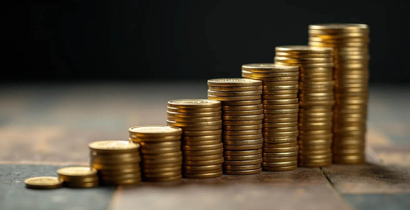 Makroaufnahme gestapelter Münzen mit exponentiell wachsender Höhe